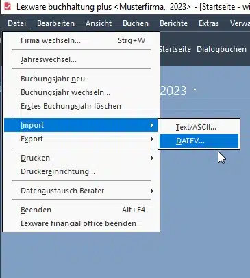 DATEV Import in Lexware buchhaltung im Menü auswählen Lexware basis / plus Versionen