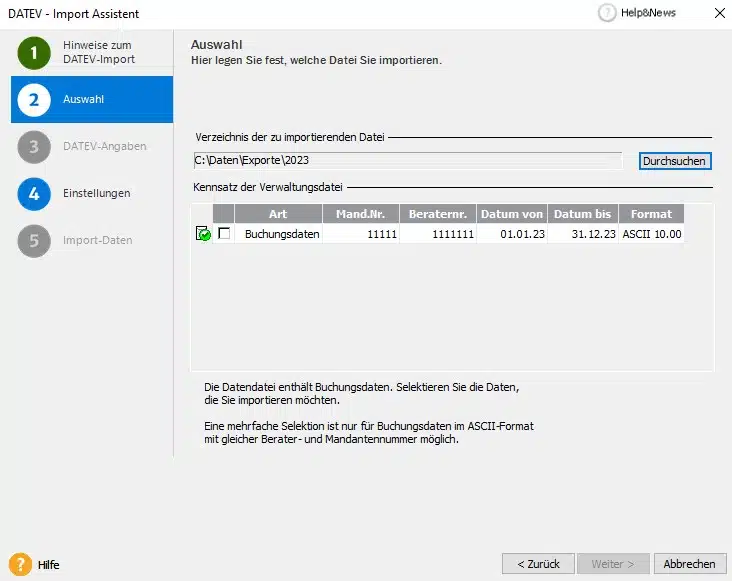 Auswahl der zu importierenden Daten für DATEV Import in Lexware buchhaltung