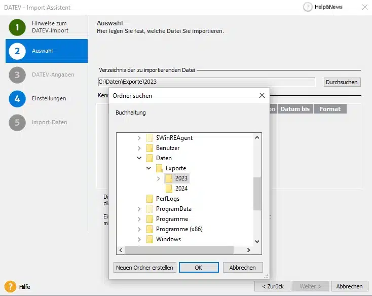 Auswahl Importverzeichnis für DATEV Import in Lexware buchhaltung