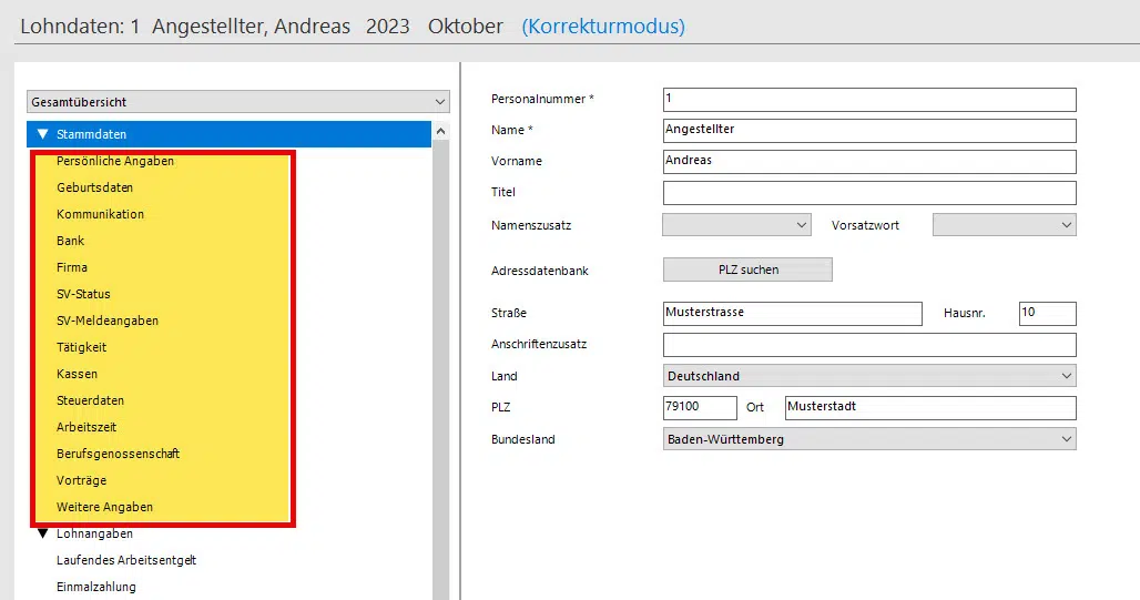 Lexware lohn+gehalt - Jahresübersicht öffnen - Korrekturmodus Stammdaten ändern
