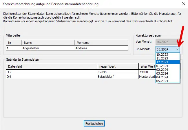 Lexware lohn+gehalt - Jahresübersicht öffnen - Korrekturmodus Änderungszeitraum festlegen