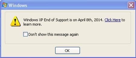 Microsoft Notification zu Support Ende von XP