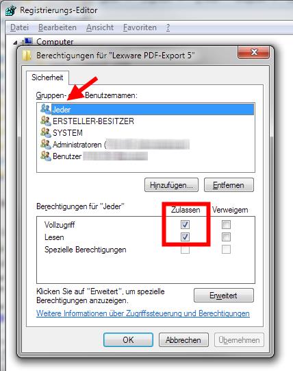 Berechtigung PDF-Export Drucker Registry