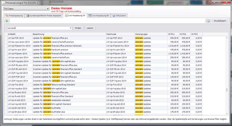 PreisanpassungLX Pro Liveanpassung VK