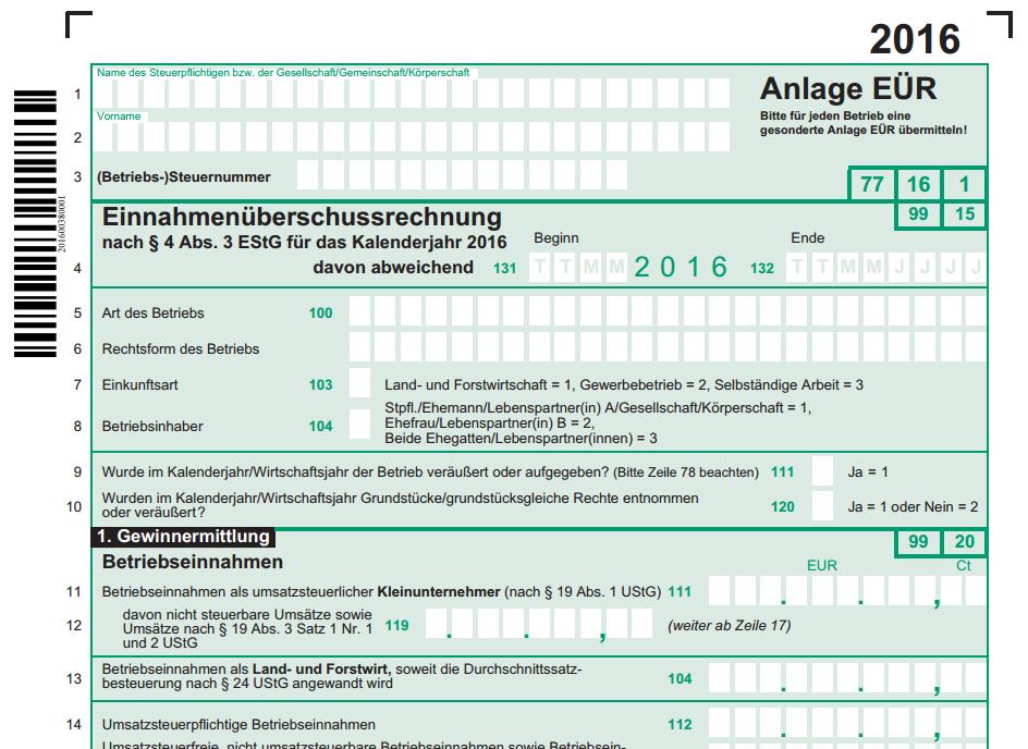 Formulare Einnahmenüberschussrechnung und Anlage EÜR 2016 veröffentlicht