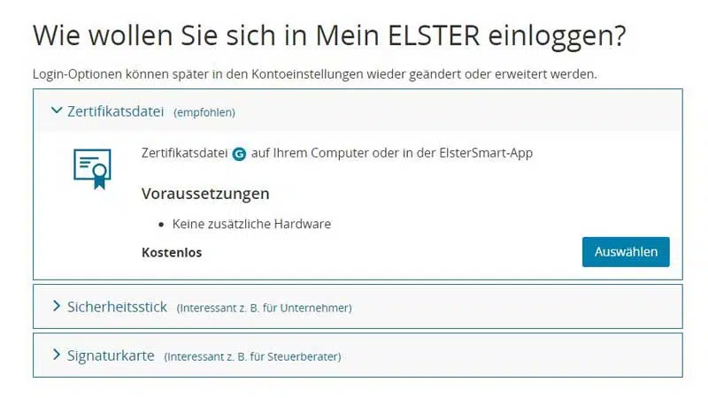 Elster Online - Zertifikatsauswahl 