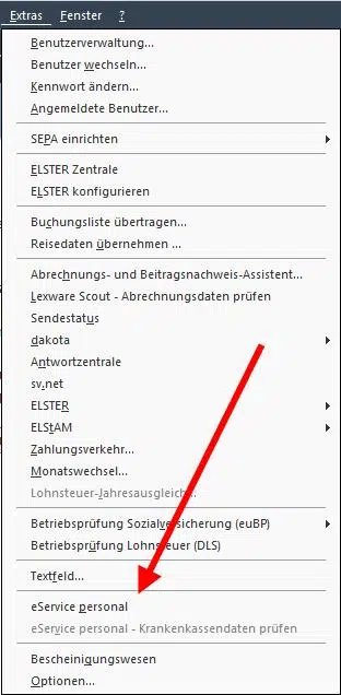 Lexware eService personal nach Rechnerwechsel wieder aktivieren eService personal im Menü