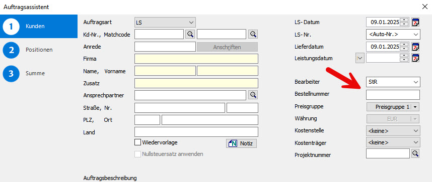 Bestellnummer im Auftrag - warenwirtschaft pro/premium