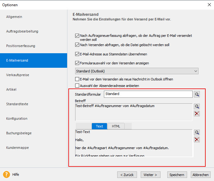 E-Mail-Optionen in Lexware faktura+auftrag / plus