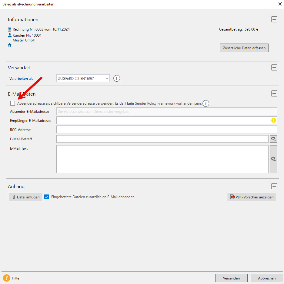 eigene Absenderadresse E-Rechnung