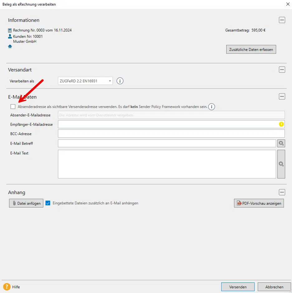 eigene Absenderadresse E-Rechnung