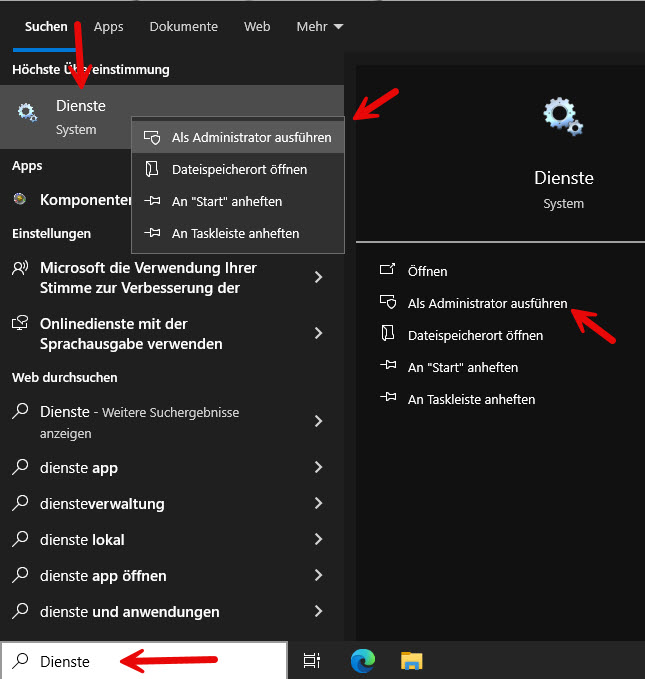 Microsoft Dienste - Als Administrator ausführen