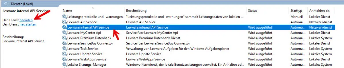 Lexware Dienst beenden