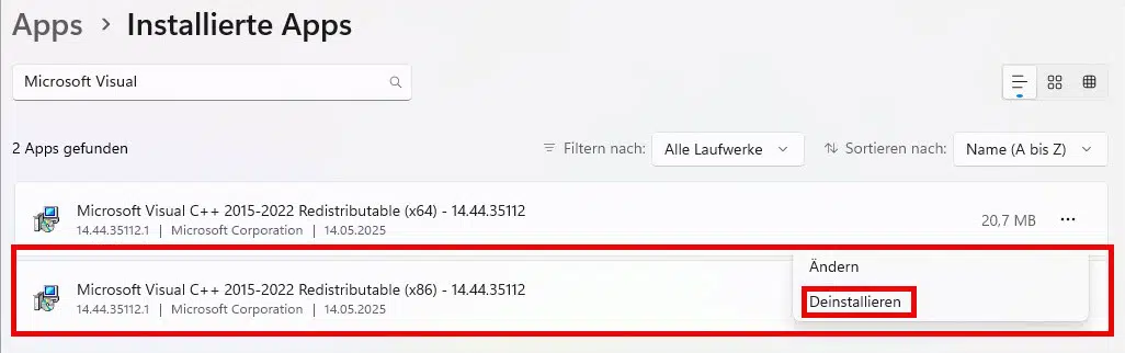 Microsoft Visual C++ 2015-2022 Redistributable deinstallieren - Win11