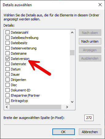 Spalte Dateiversion einfügen